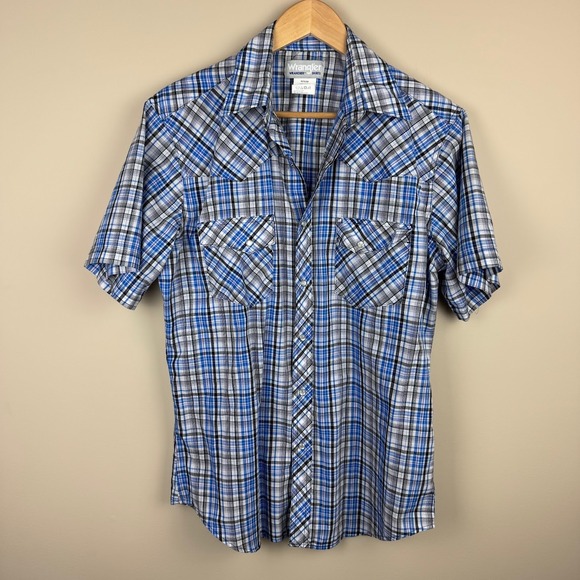Wrangler Other - Wrangler Wrancher Western Plaid Short Sleeve Shirt Mens Medium Blue Black Purple